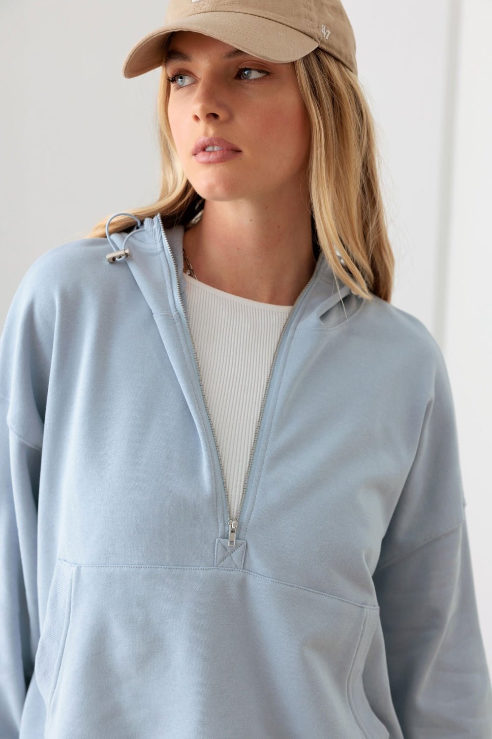 LE LISHalf Zip Drawstring Mock Neck Hoodie in Baby Blue