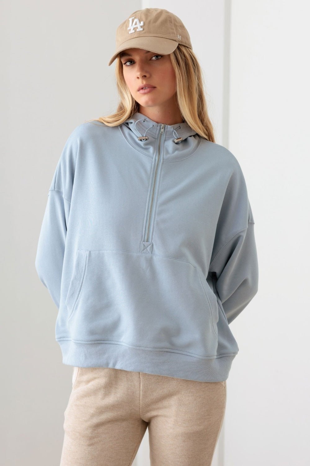 LE LISHalf Zip Drawstring Mock Neck Hoodie in Baby Blue