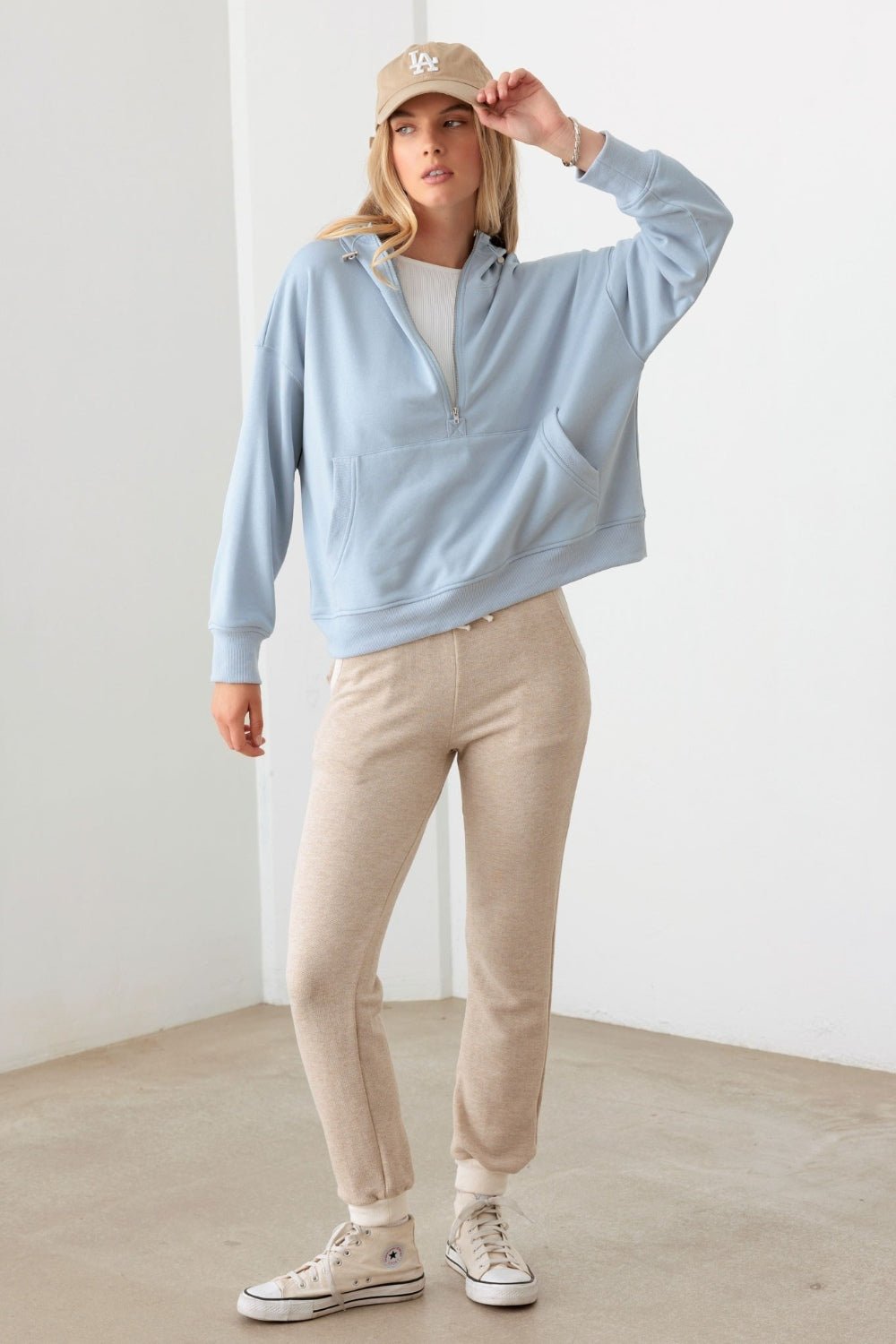 LE LISHalf Zip Drawstring Mock Neck Hoodie in Baby Blue