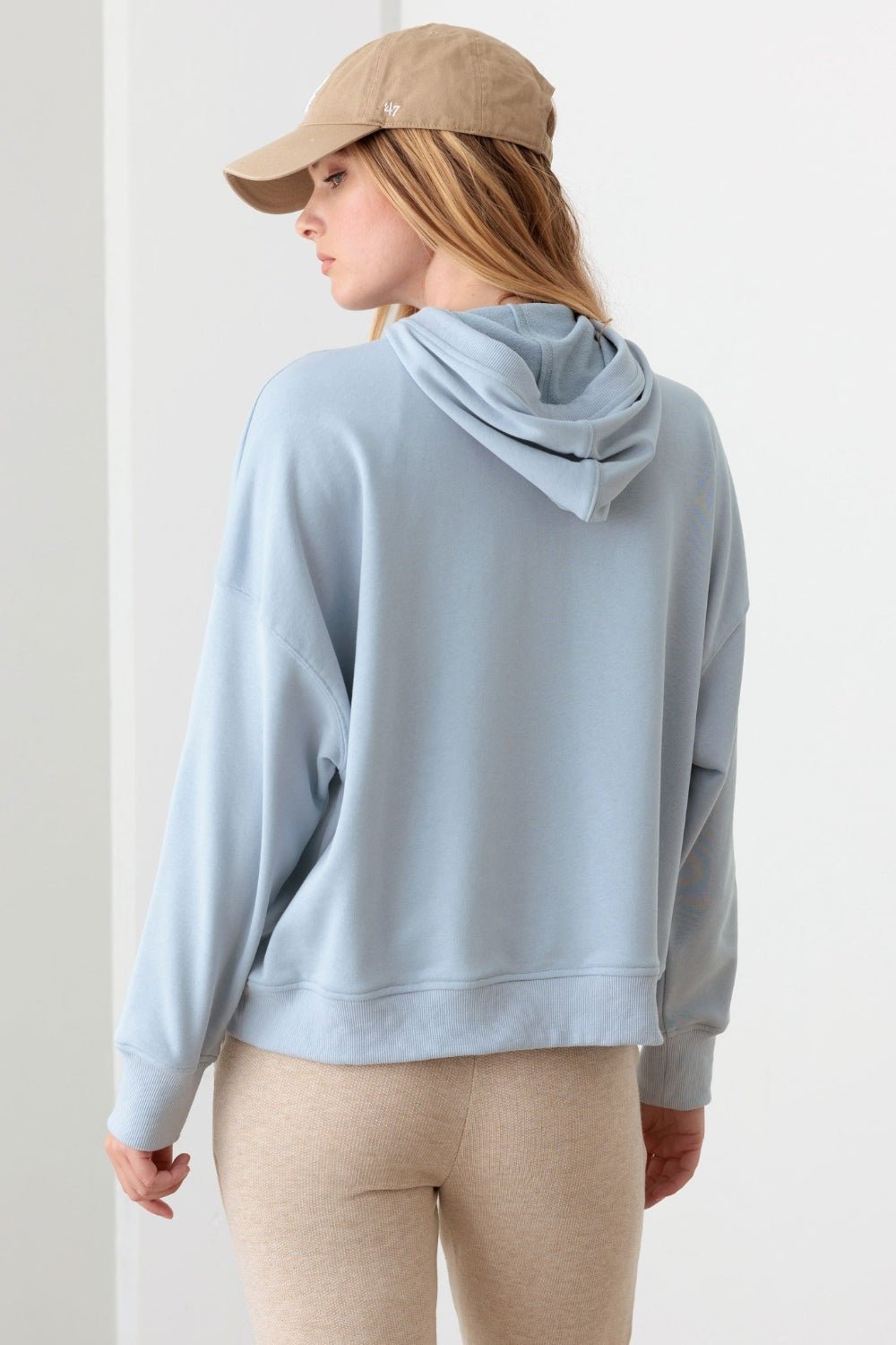 LE LISHalf Zip Drawstring Mock Neck Hoodie in Baby Blue