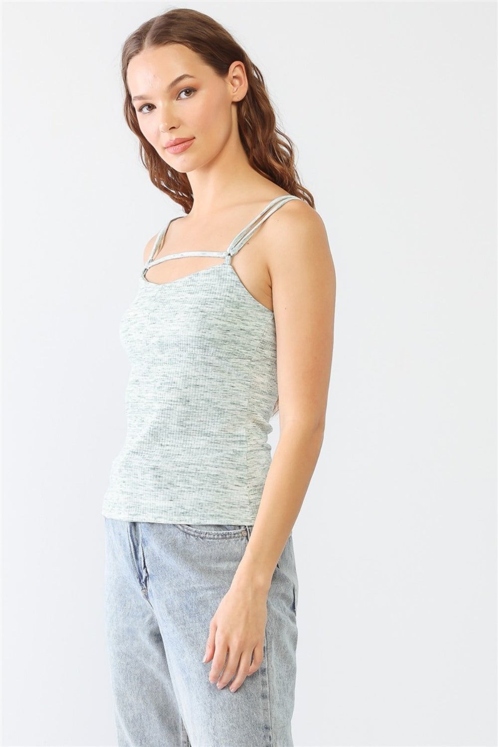 LE LISHeathered Rib Knit Adjustable Strap Cami in Cream Green