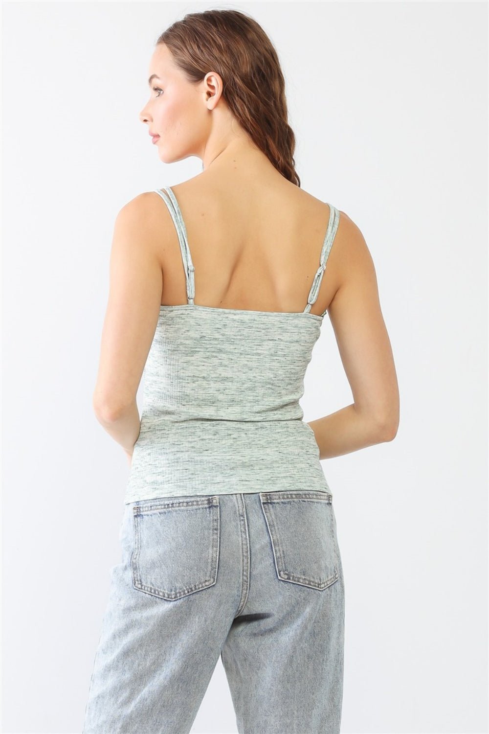 LE LISHeathered Rib Knit Adjustable Strap Cami in Cream Green