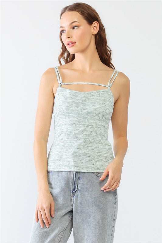 LE LISHeathered Rib Knit Adjustable Strap Cami in Cream Green