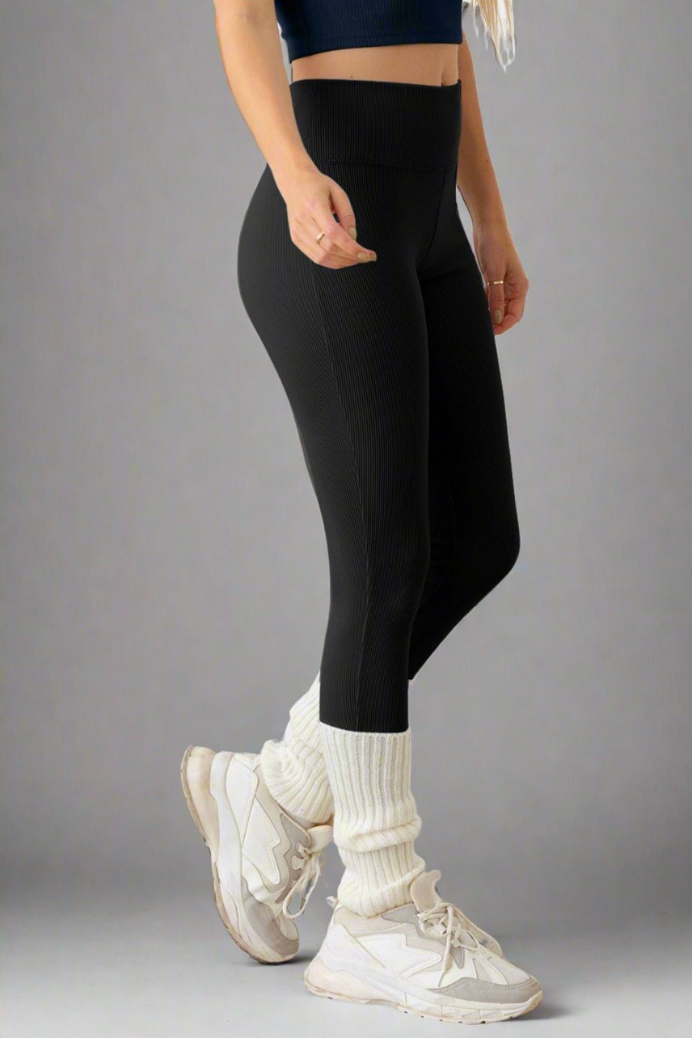 LE LISRib Knit Crop Cami and High Waist Brushed Leggings Set in Black Grey