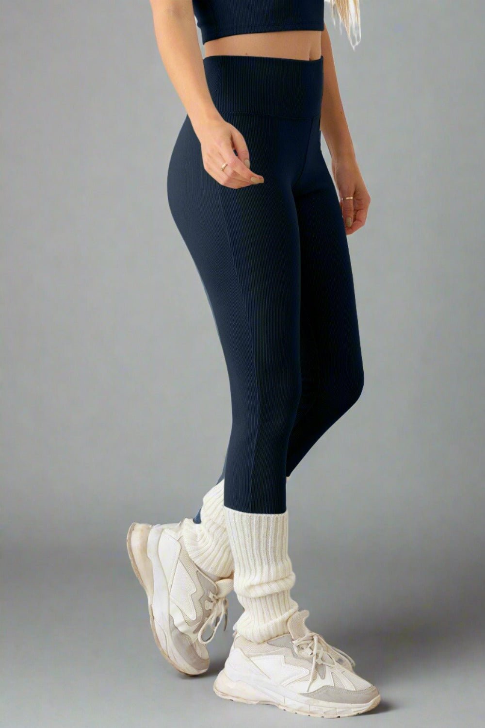 LE LISRib Knit Crop Cami and High Waist Brushed Leggings Set in Navy Cream