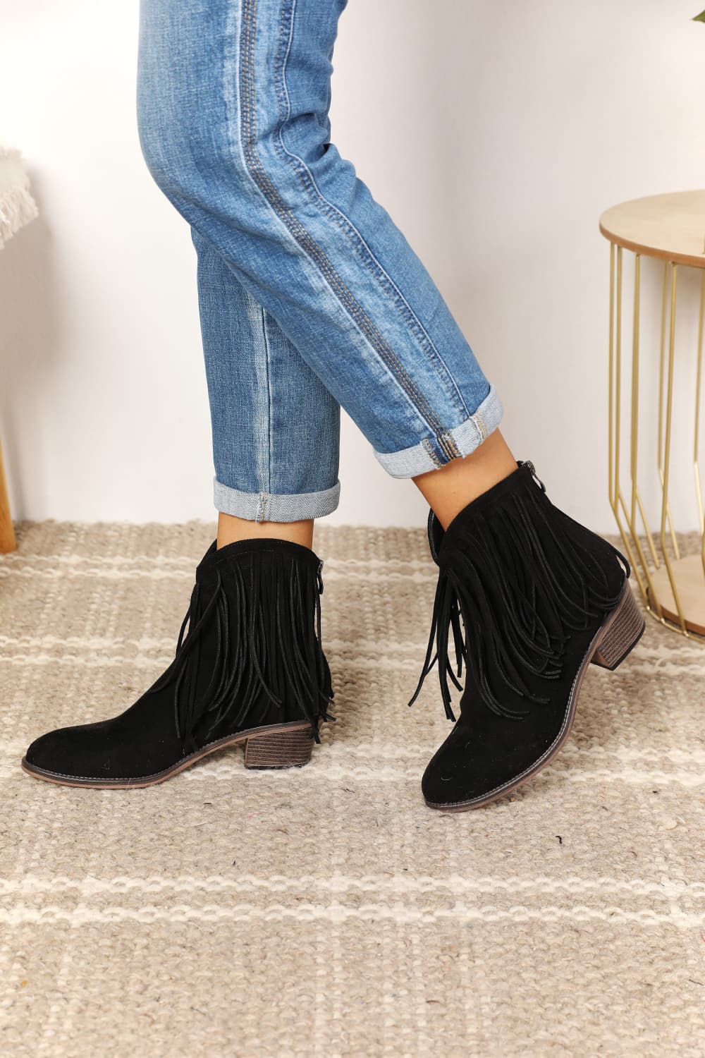 Legend - Vegan Suede Fringe Cowgirl Western Ankle Boots in Black