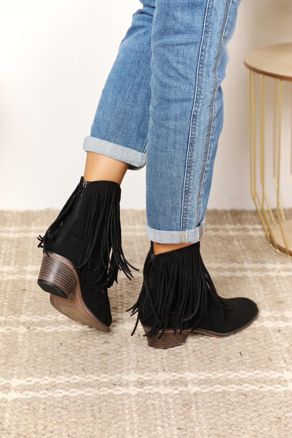 Legend - Vegan Suede Fringe Cowgirl Western Ankle Boots in Black