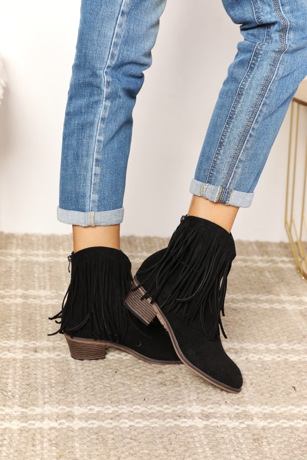 Legend - Vegan Suede Fringe Cowgirl Western Ankle Boots in Black