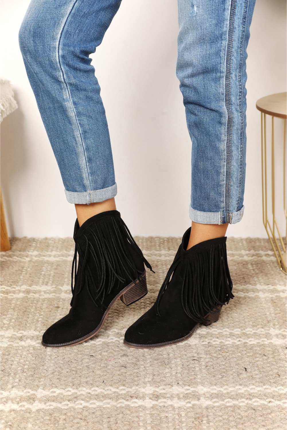 Legend - Vegan Suede Fringe Cowgirl Western Ankle Boots in Black