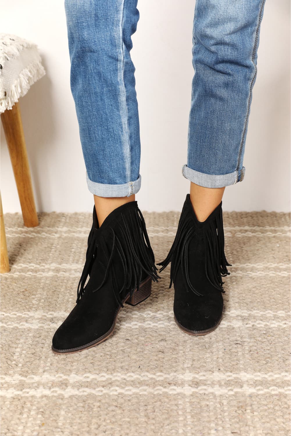 Legend - Vegan Suede Fringe Cowgirl Western Ankle Boots in Black