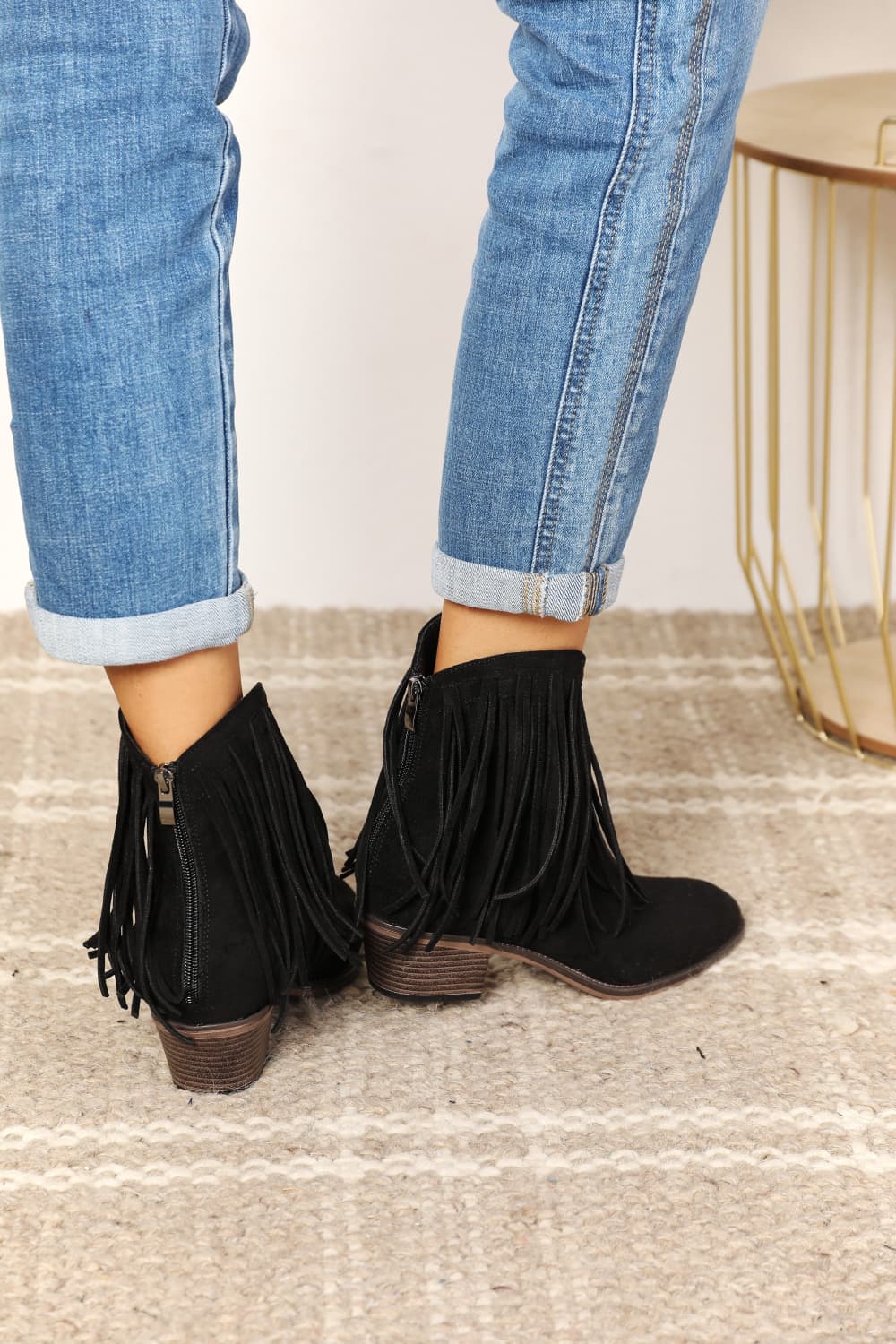 Legend - Vegan Suede Fringe Cowgirl Western Ankle Boots in Black