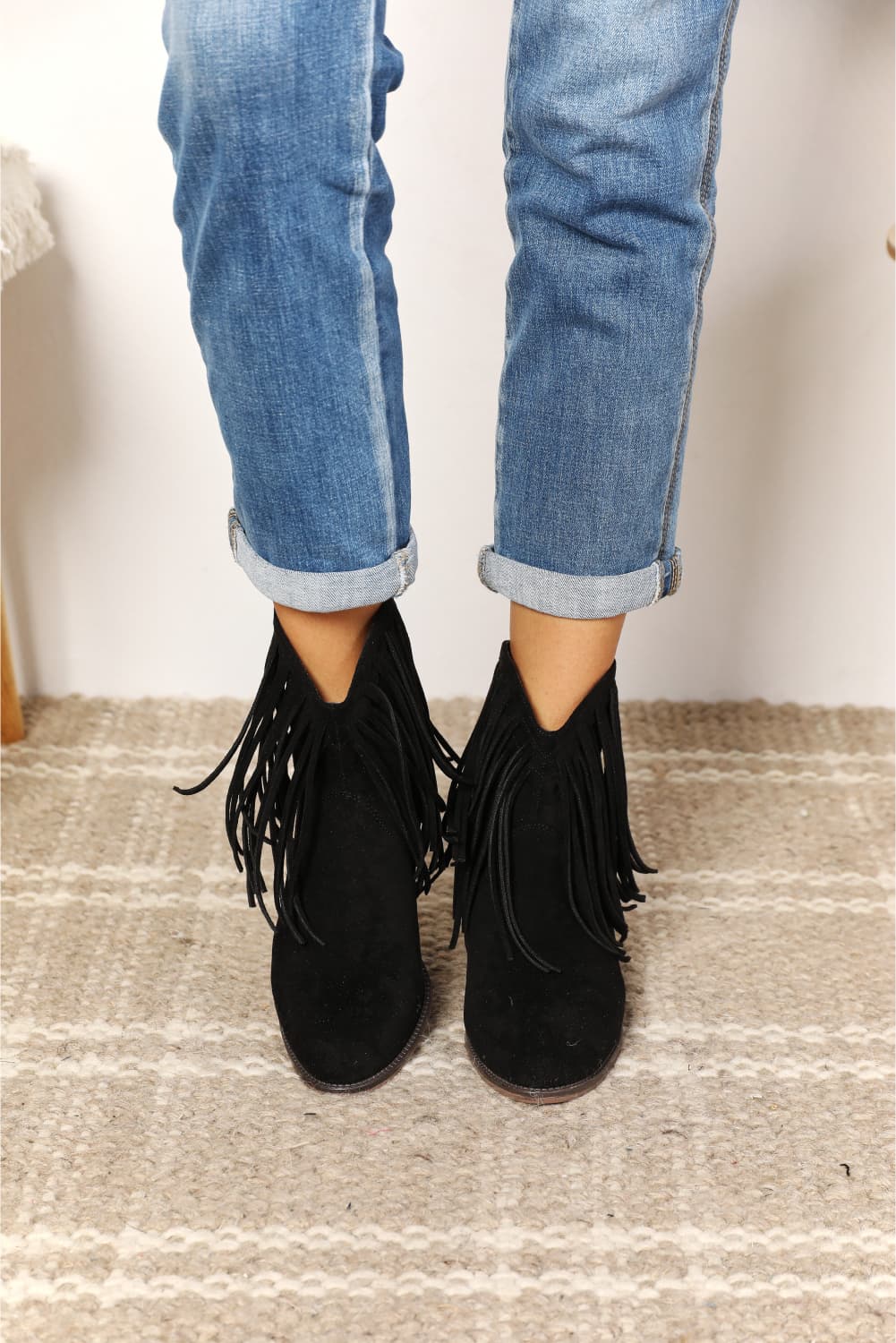 Legend - Vegan Suede Fringe Cowgirl Western Ankle Boots in Black