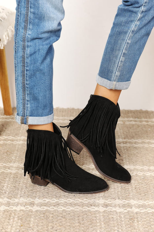 Legend - Vegan Suede Fringe Cowgirl Western Ankle Boots in Black