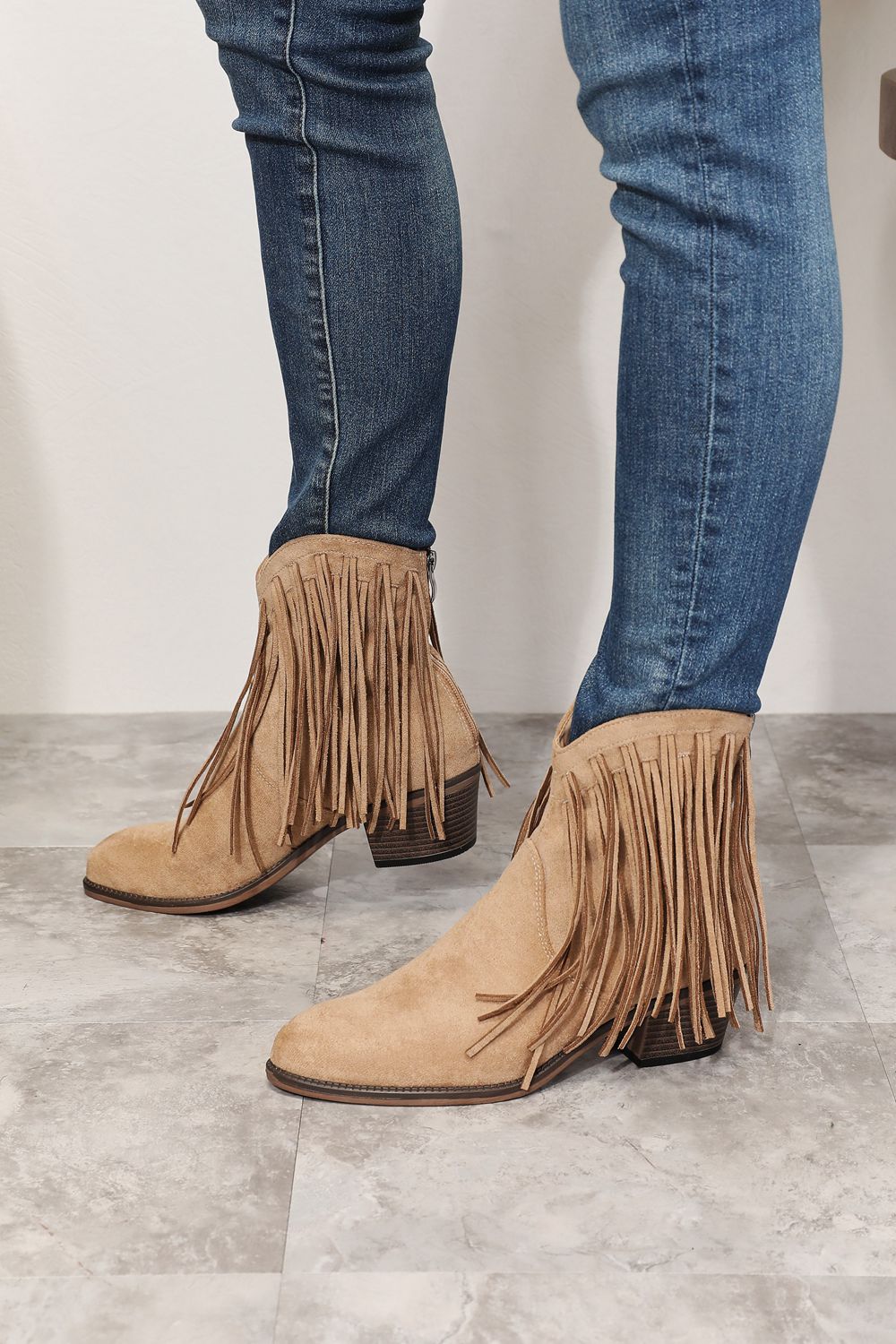 Legend - Vegan Suede Fringe Cowgirl Western Ankle Boots in Khaki