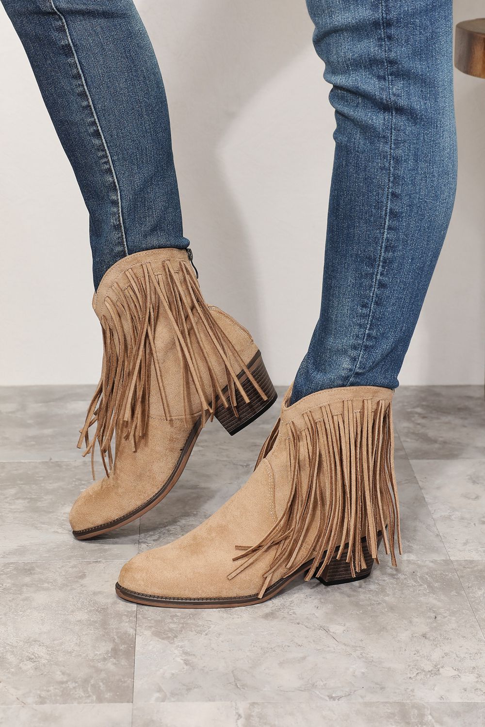 Legend - Vegan Suede Fringe Cowgirl Western Ankle Boots in Khaki