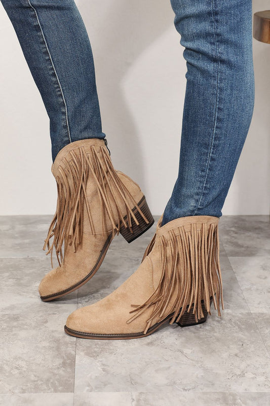 Legend - Vegan Suede Fringe Cowgirl Western Ankle Boots in Khaki