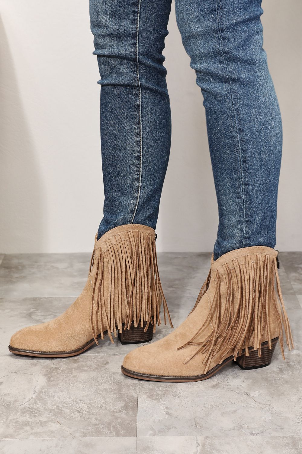 Legend - Vegan Suede Fringe Cowgirl Western Ankle Boots in Khaki