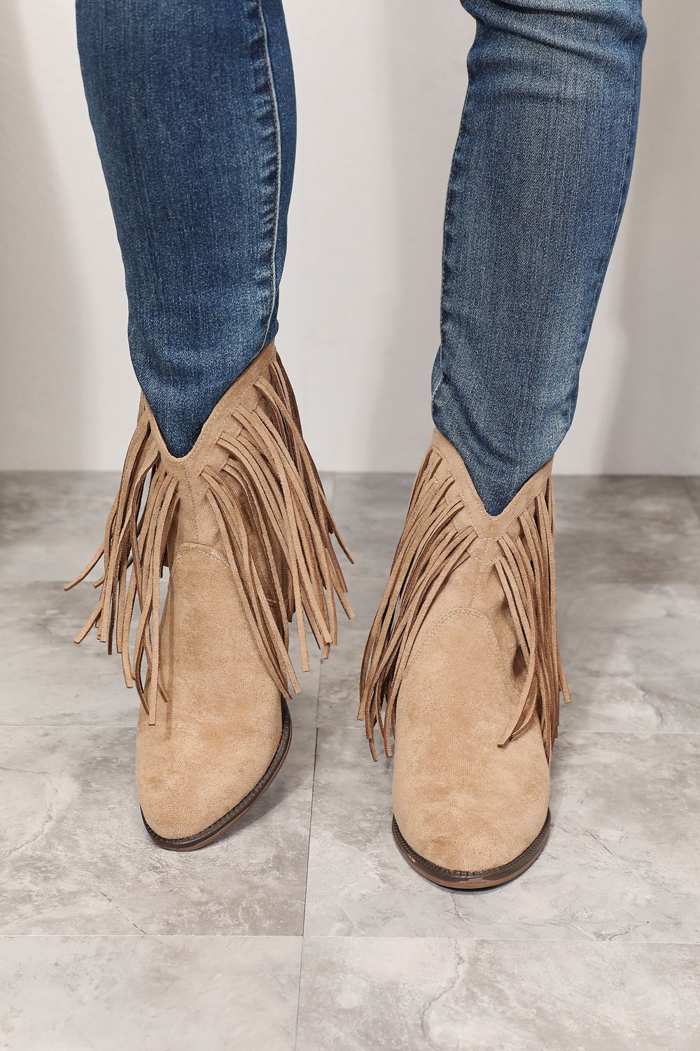 Legend - Vegan Suede Fringe Cowgirl Western Ankle Boots in Khaki