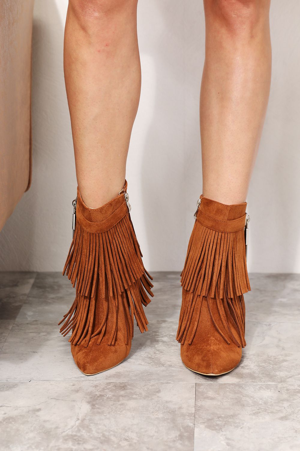 Legend - Vegan Suede Tassel Wedge Heel Ankle Booties in Caramel