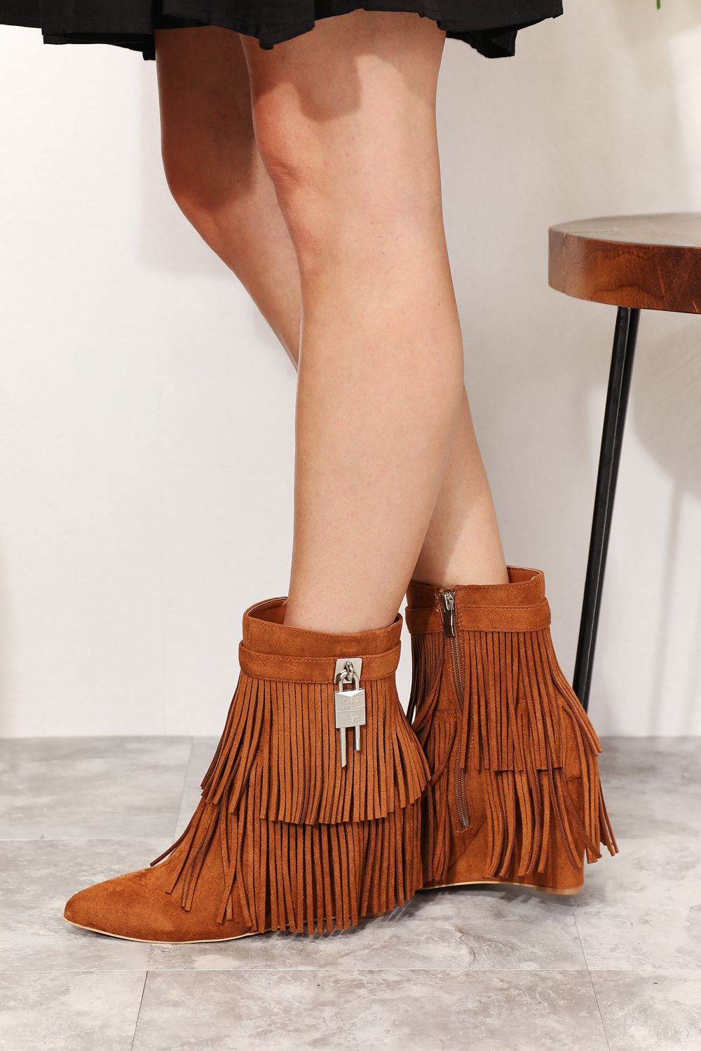 Legend - Vegan Suede Tassel Wedge Heel Ankle Booties in Caramel