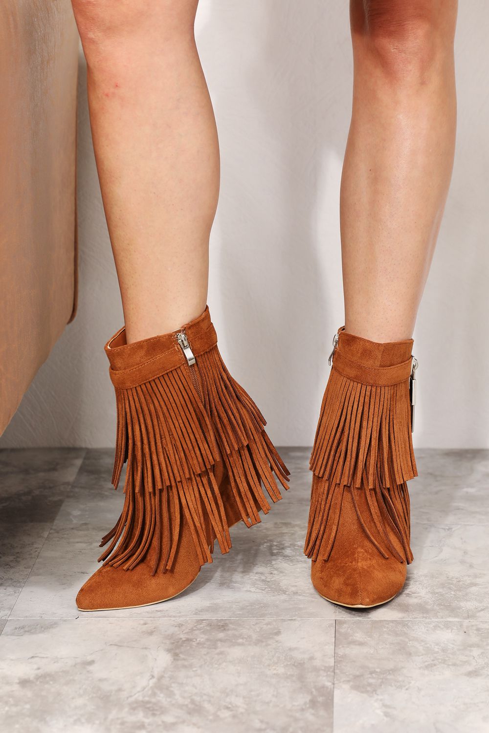 Legend - Vegan Suede Tassel Wedge Heel Ankle Booties in Caramel