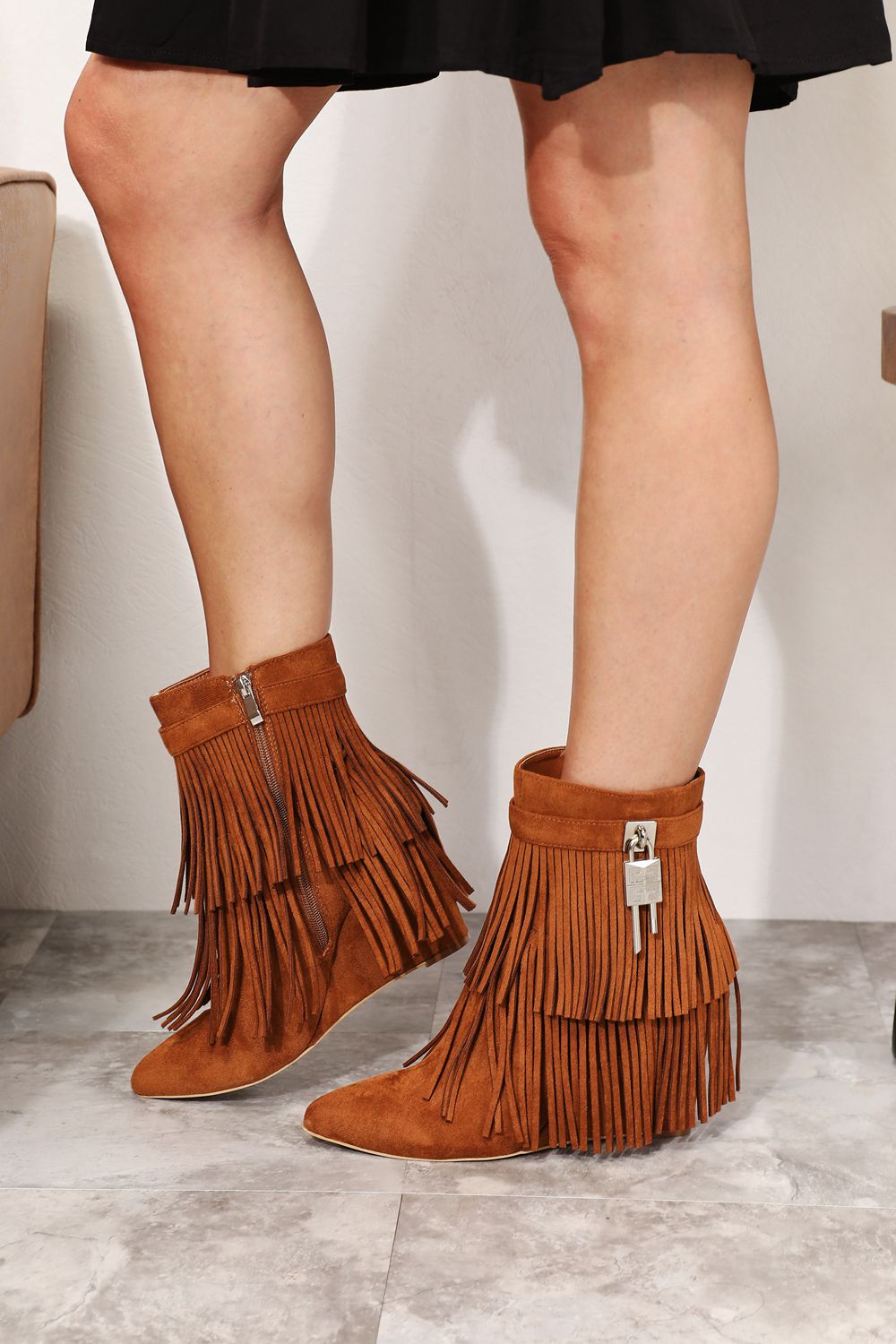 Legend - Vegan Suede Tassel Wedge Heel Ankle Booties in Caramel