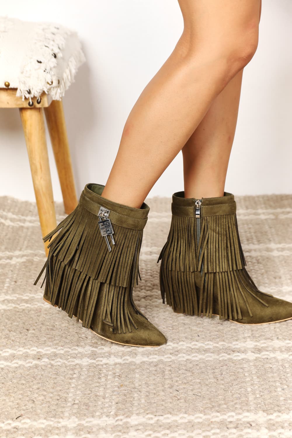 Legend - Vegan Suede Tassel Wedge Heel Ankle Booties in Olive