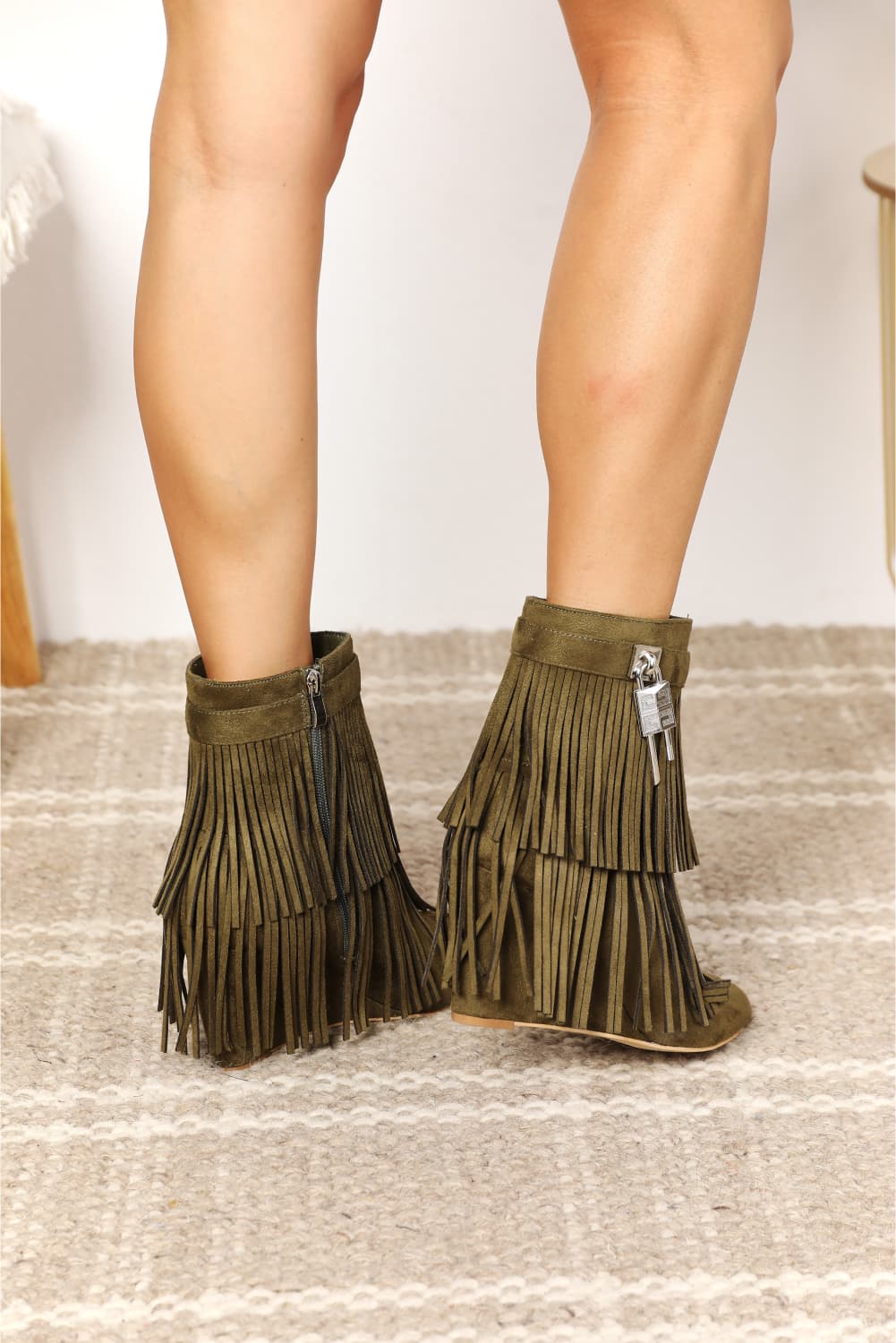 Legend - Vegan Suede Tassel Wedge Heel Ankle Booties in Olive