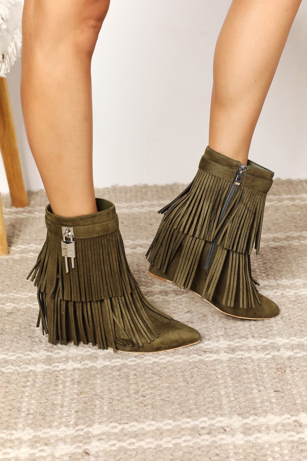 Legend - Vegan Suede Tassel Wedge Heel Ankle Booties in Olive