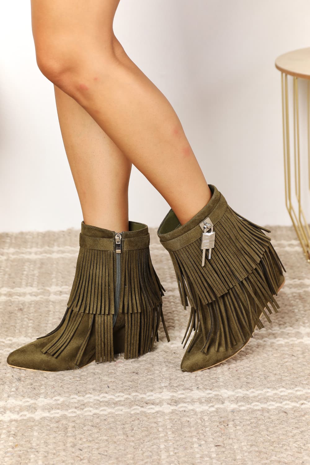 Legend - Vegan Suede Tassel Wedge Heel Ankle Booties in Olive