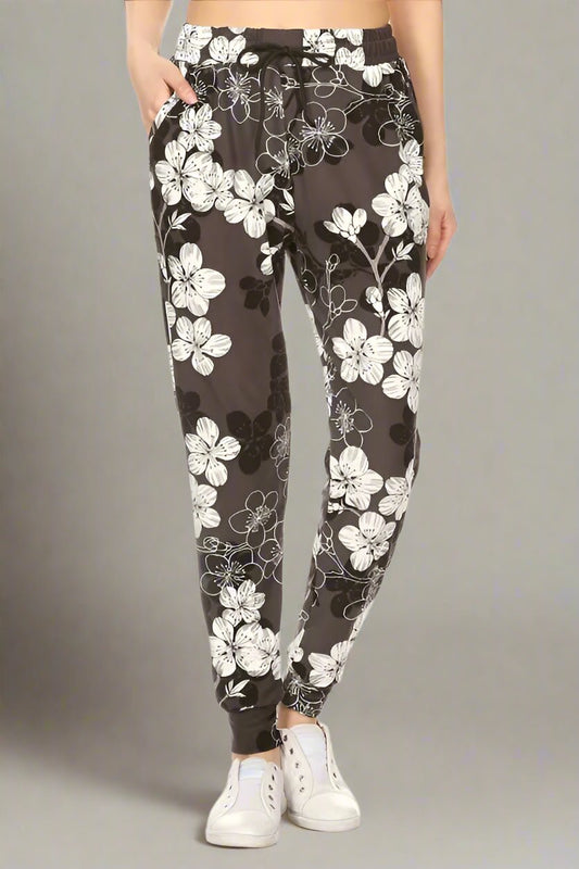 Leggings Depot - Floral Print Joggers – Black Charcoal & Ivory
