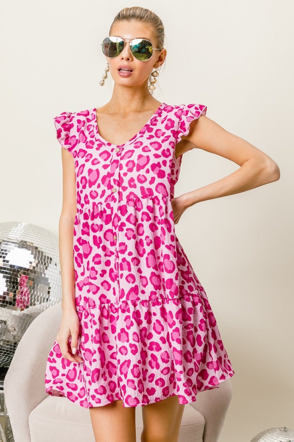 Leopard Cap Sleeve Tiered Mini Dress in Pink FuchsiaMini DressBiBi
