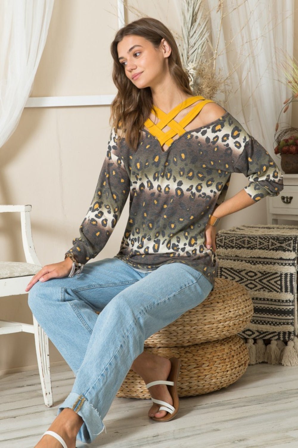 Leopard Cutout Long Sleeve T-ShirtT-ShirtCeleste Design