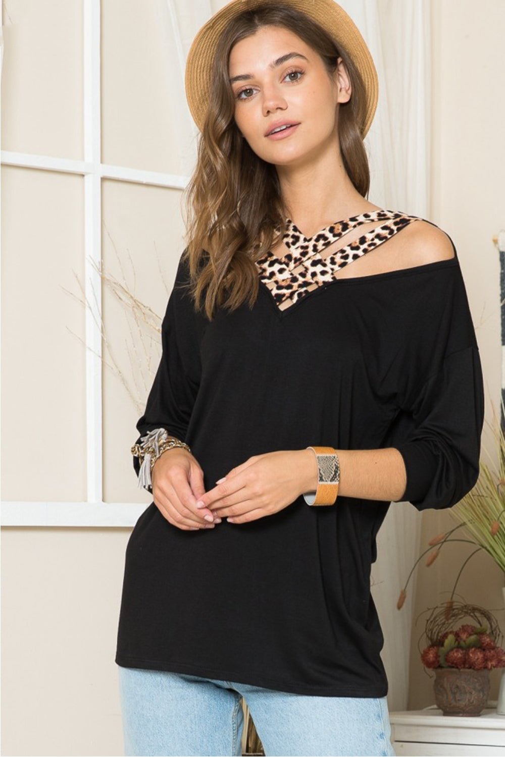 Leopard Cutout Long Sleeve T-Shirt in BlackT-ShirtCeleste Design