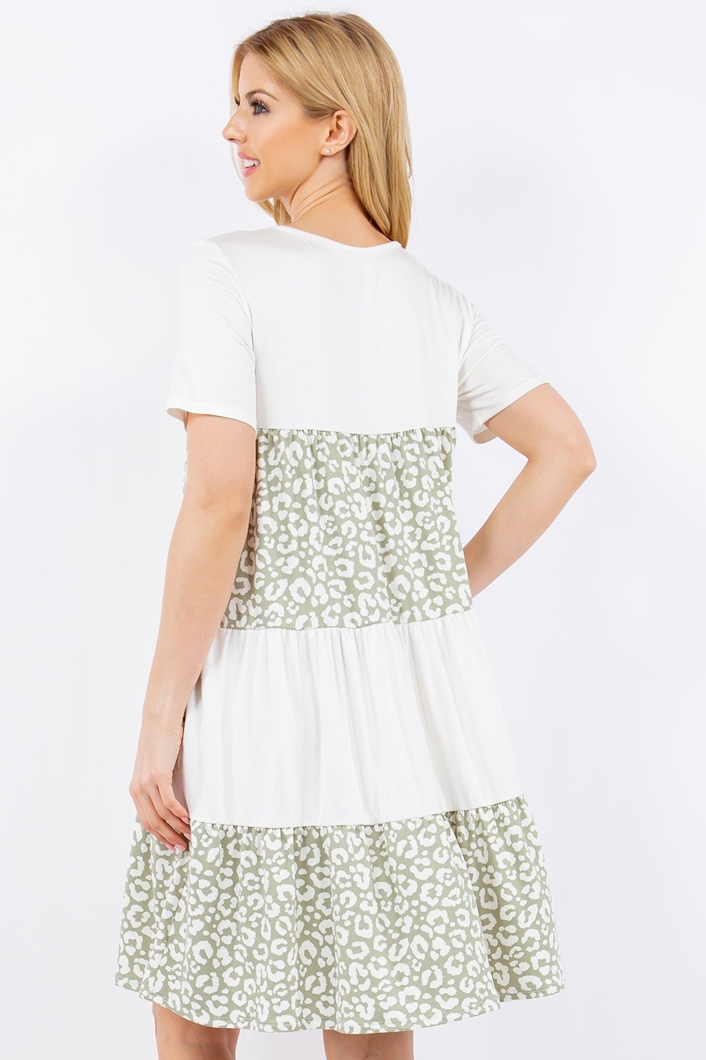 Leopard Print Crew Neck Short Sleeve Mini Dress in IvoryMini DressCeleste Design