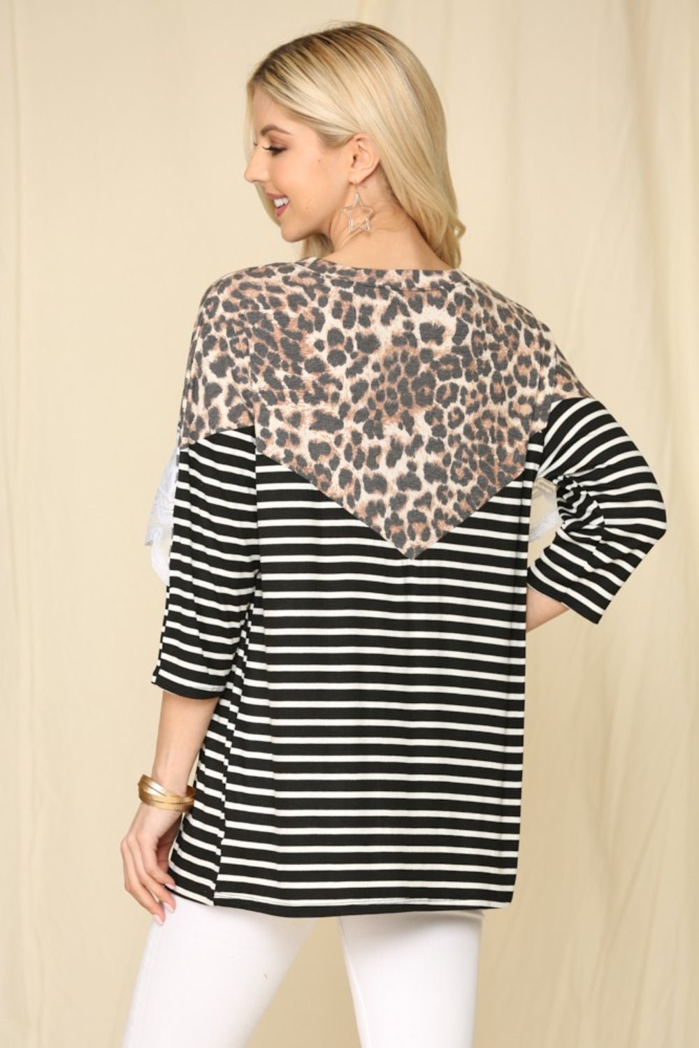 Leopard Spliced Stripe T-Shirt with Lace DetailT-ShirtCeleste Design