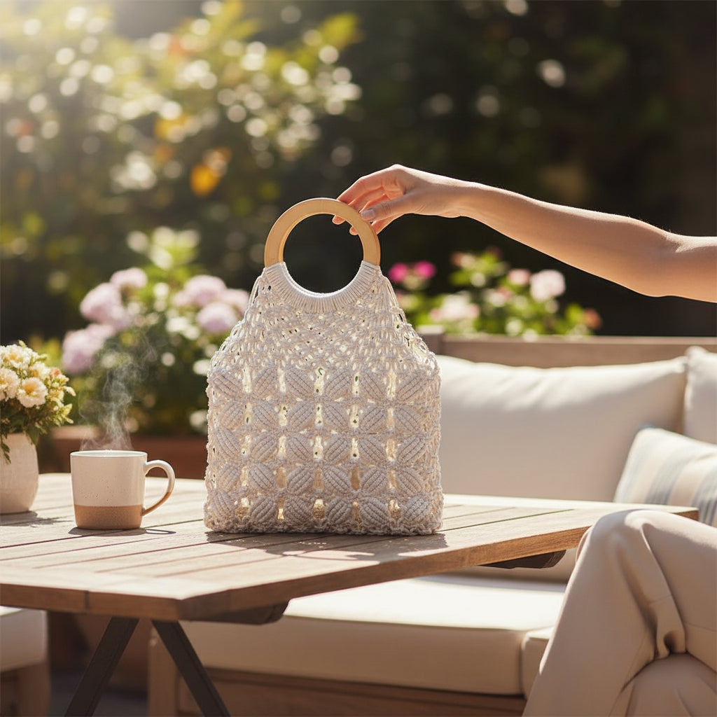 White Macramé Circle Handle Bag
