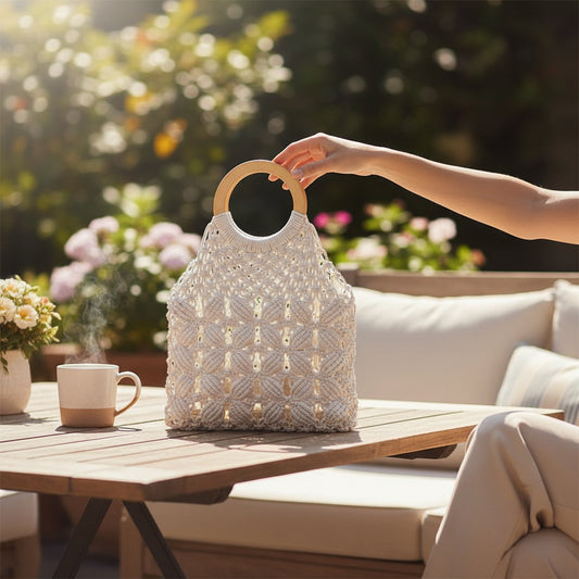 White Macramé Circle Handle Bag