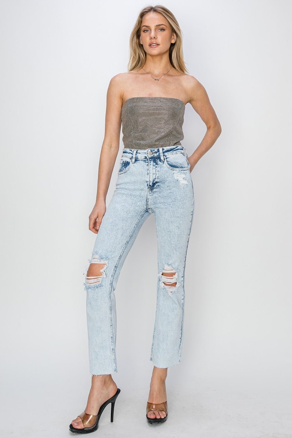 Light Acid Wash High Rise Distressed Ankle JeansJeansRISEN