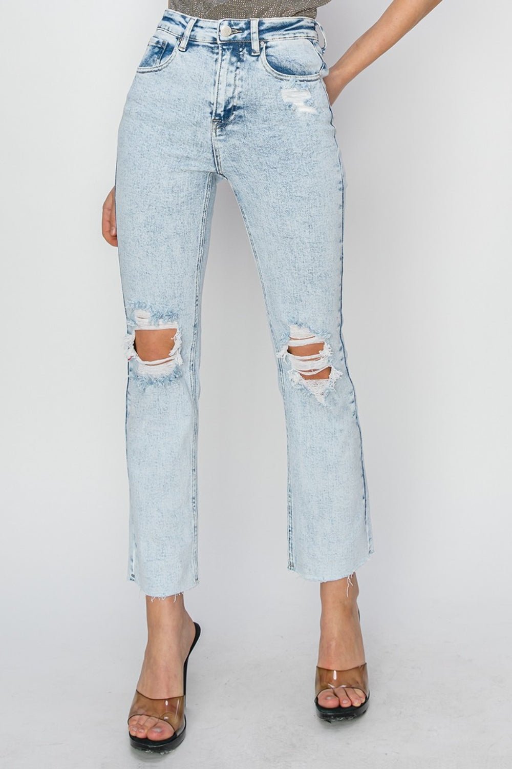 Light Acid Wash High Rise Distressed Ankle JeansJeansRISEN