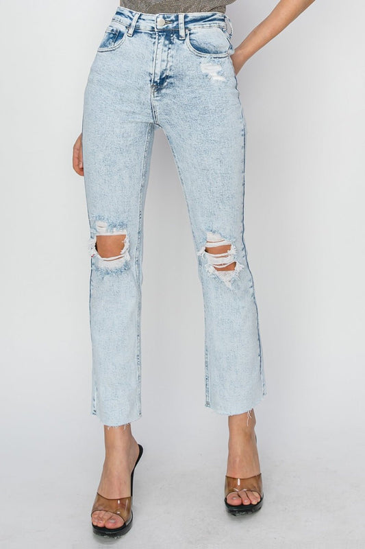 Light Acid Wash High Rise Distressed Ankle JeansJeansRISEN