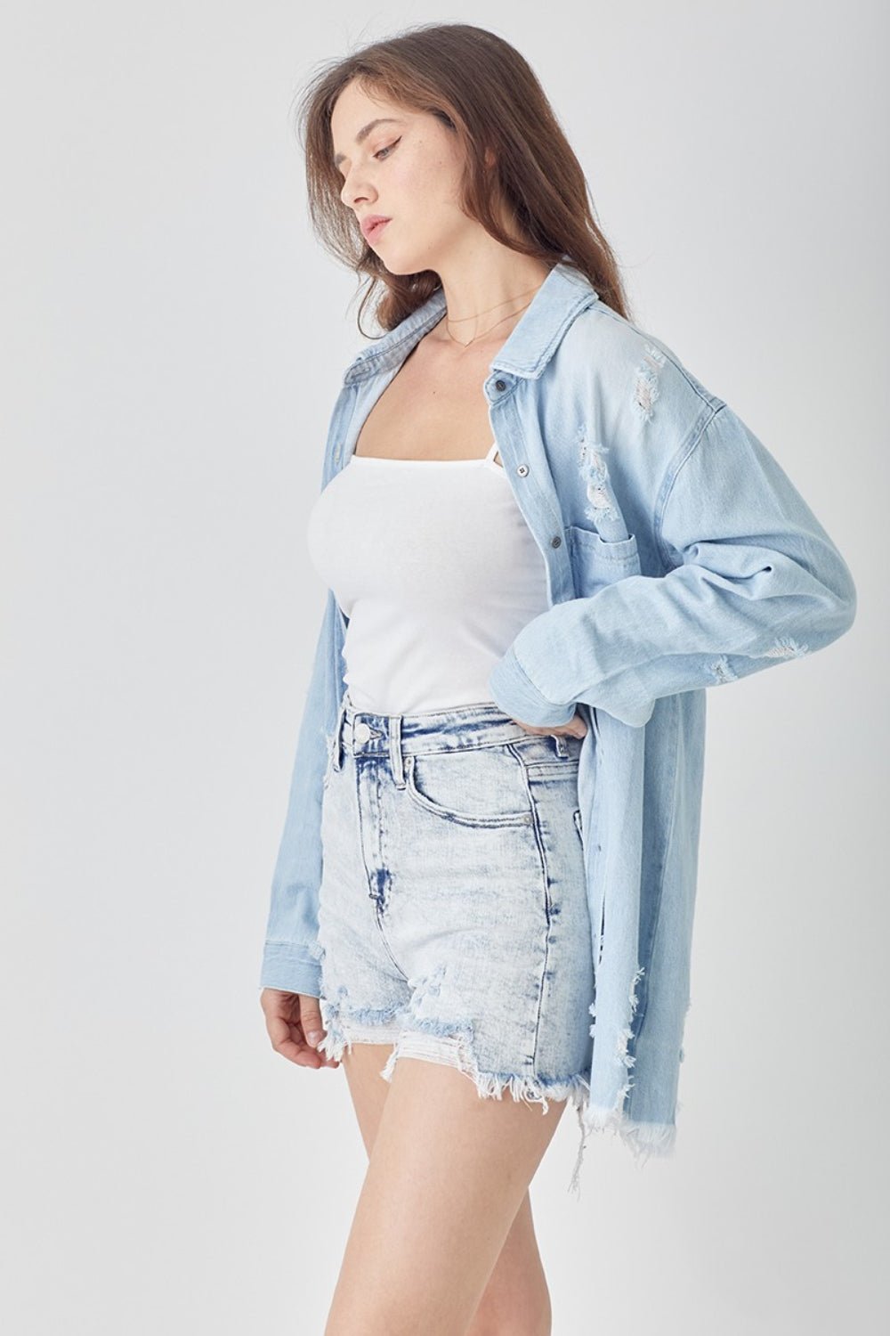 Light Acid Wash Raw Hem Distressed High Rise Denim ShortsShortsRISEN