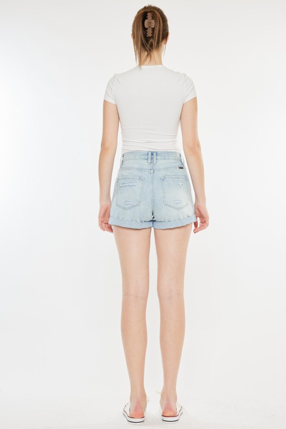 Light Wash High Rise Distressed Patched Denim Mom ShortsShortsKancan