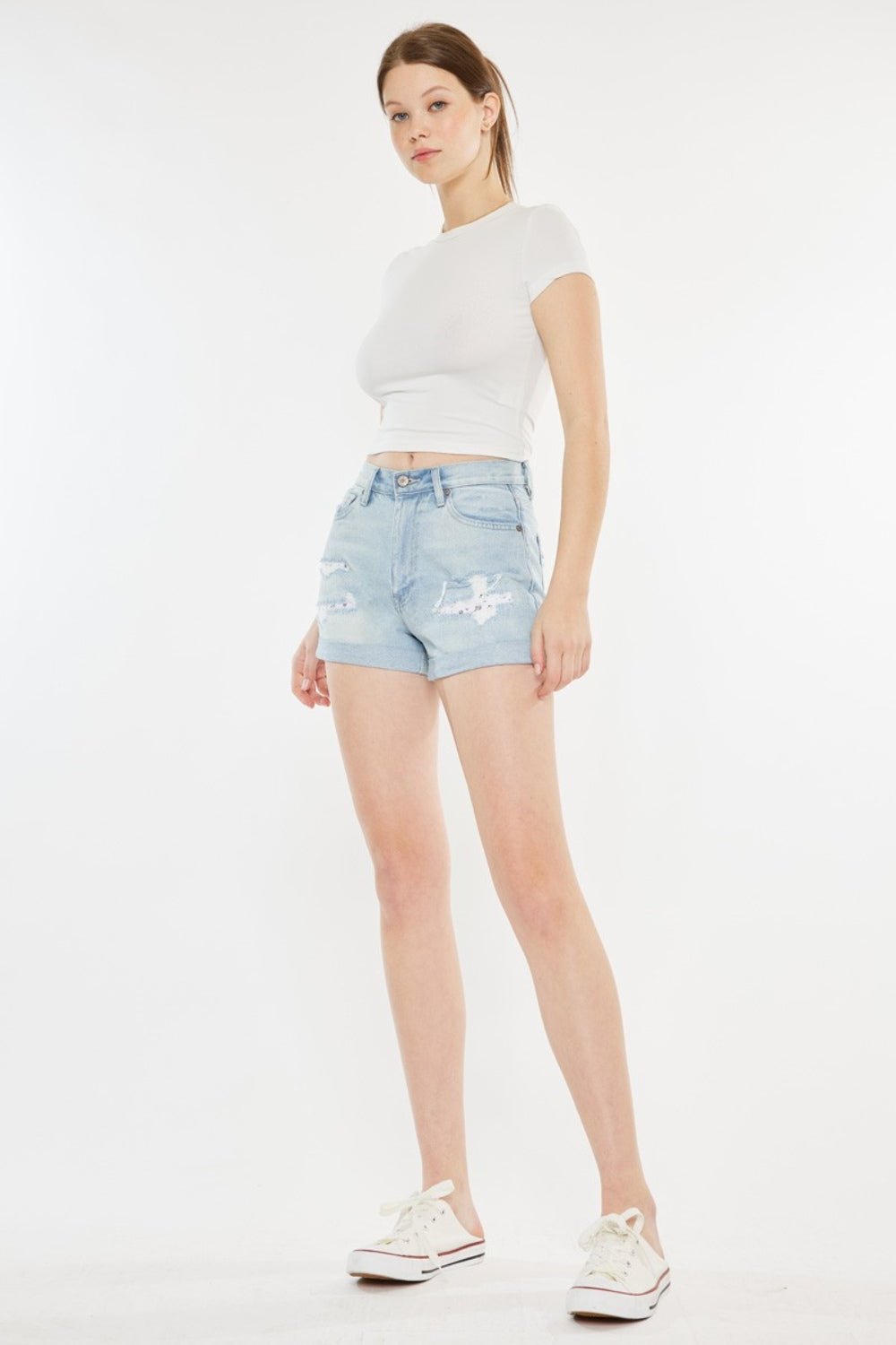 Light Wash High Rise Distressed Patched Denim Mom ShortsShortsKancan