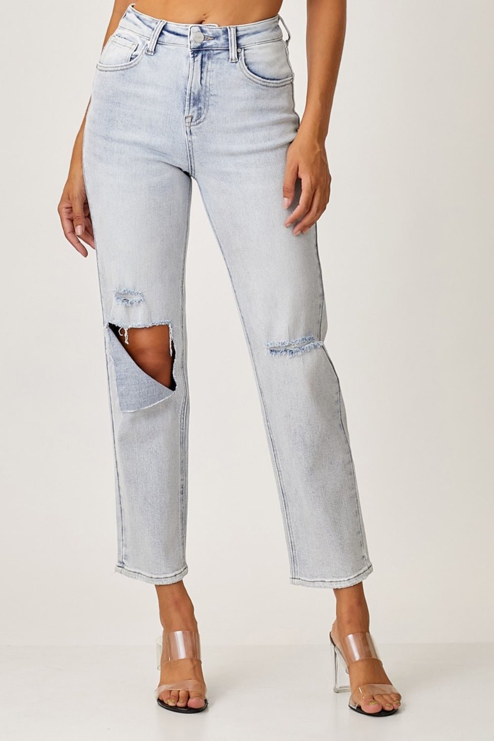 Light Wash High Rise Distressed Relaxed Fit JeansJeansRISEN