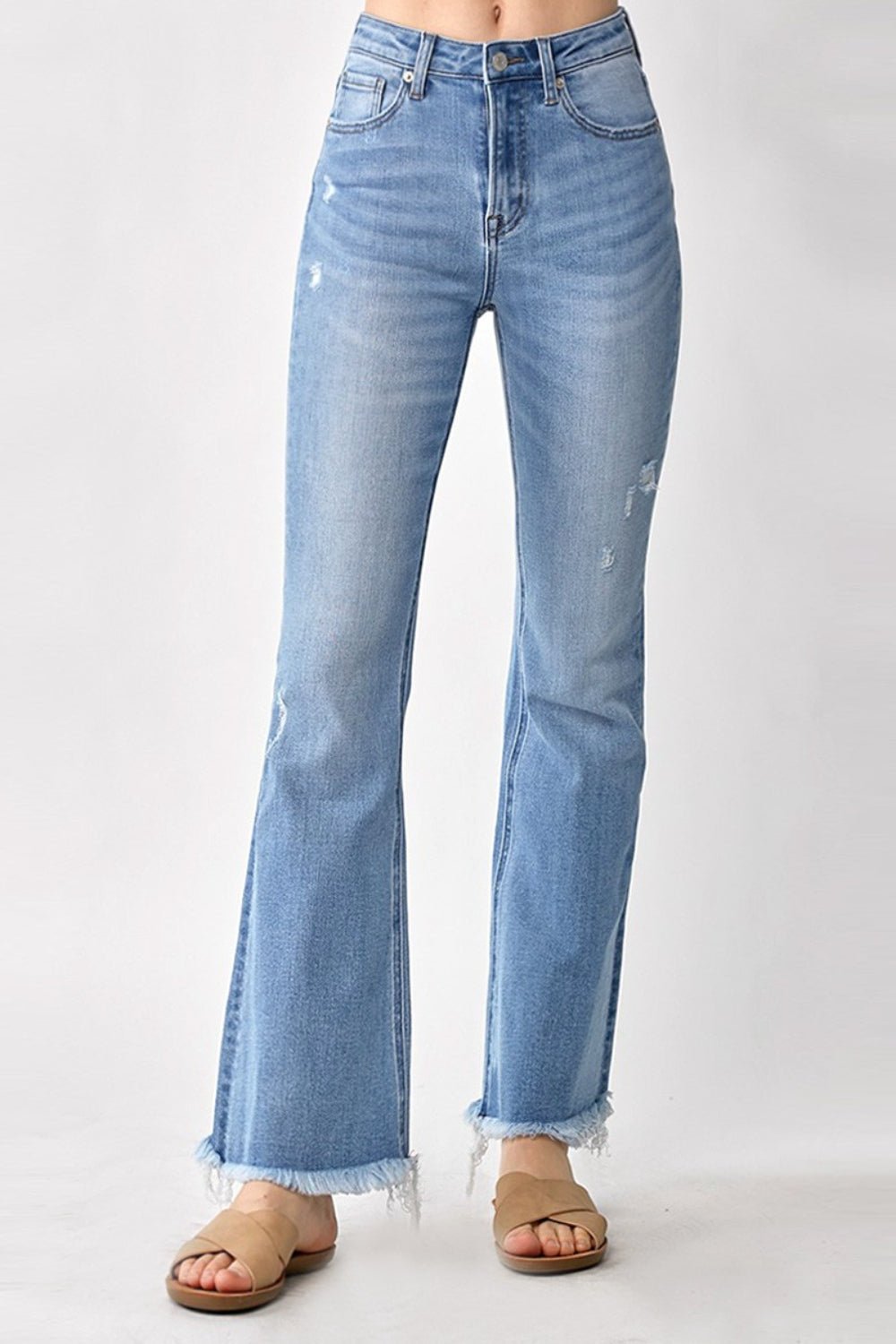 Light Wash High Rise Frayed Hem Bootcut JeansJeansRISEN