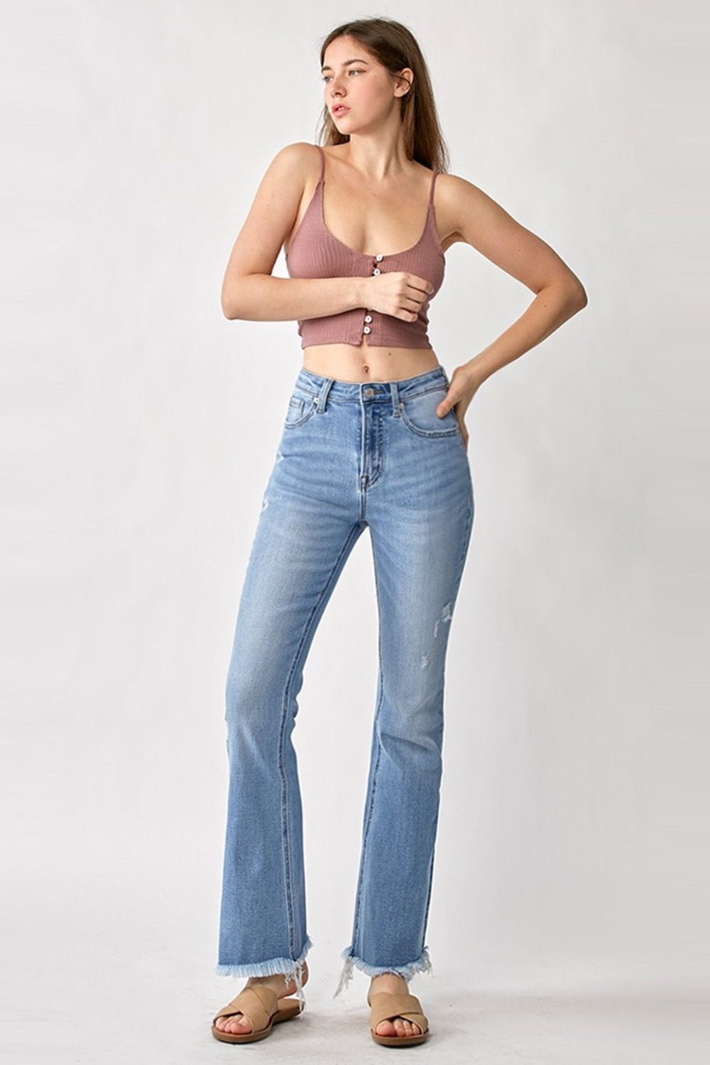 Light Wash High Rise Frayed Hem Bootcut JeansJeansRISEN