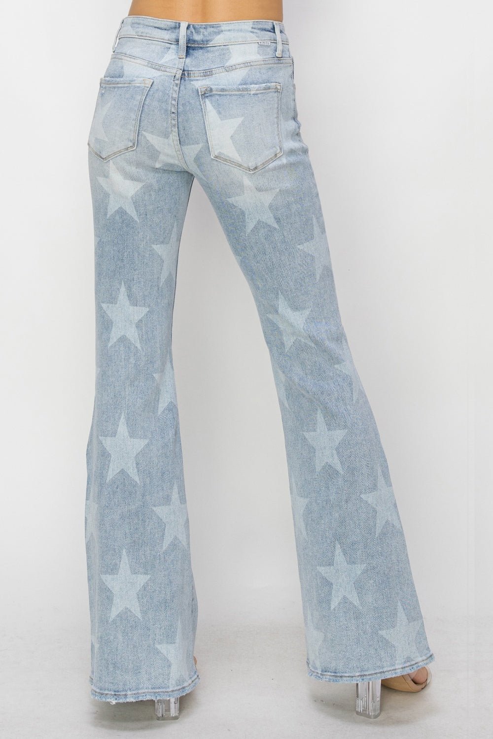 Light Wash Mid Rise Button Fly Star Print Flare JeansJeansRISEN