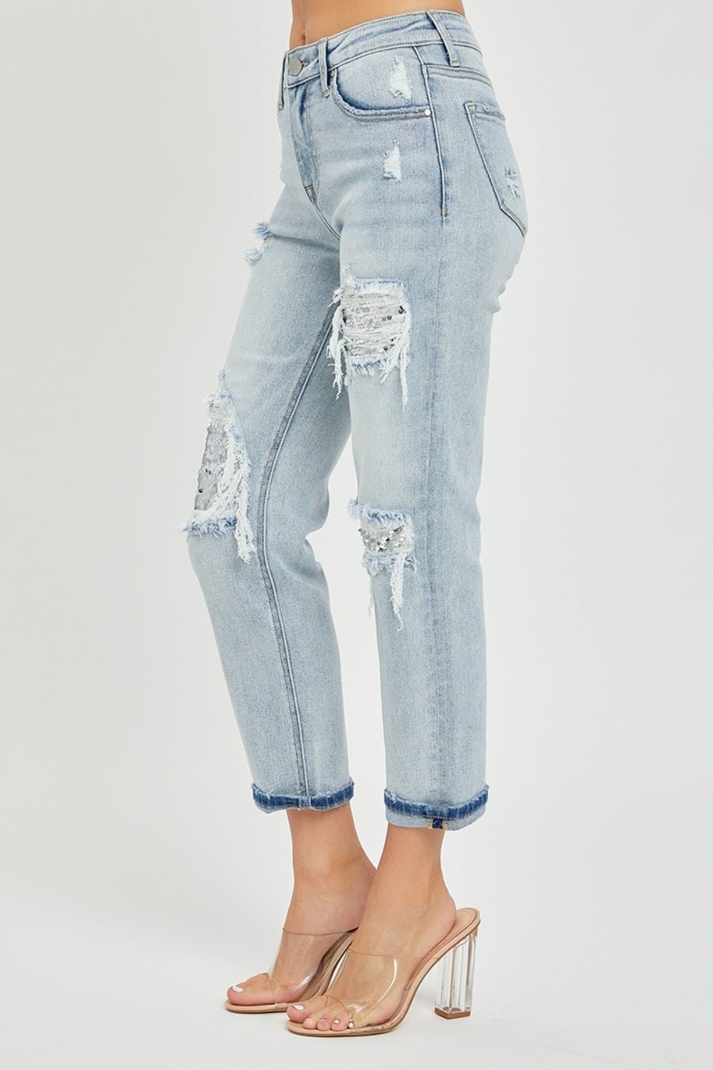 Light Wash Mid-Rise Sequin Patched Crop JeansJeansRISEN