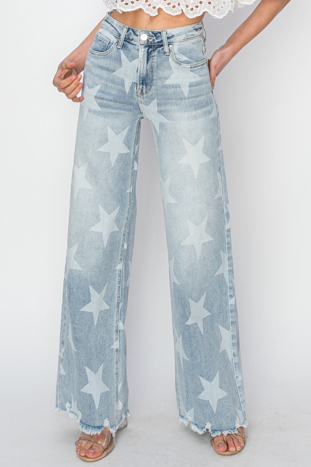 Light Wash Raw Hem Star Pattern Wide Leg JeansJeansRISEN